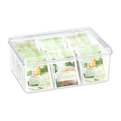 Imagen de Relaxdays Caja para té e infusiones, Seis Compartimentos, 90 bolsitas, Tapa abatible, 9 x 21 cm, Transparente