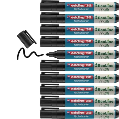 Imagen de edding 31 EcoLine marcador para flipcharts negro 10 rotuladores punta redonda de 1,5 3 mm escribir, dibujar y marcar sobre papel recargable, no traspasa, mancha