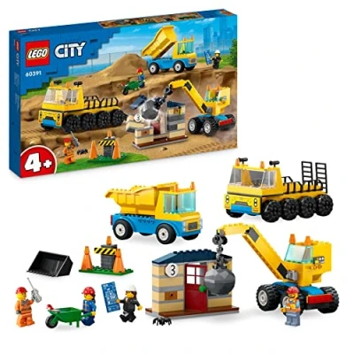 Imagen de Lego 60391 City Camiones de Construcción y Grúa con Bola Demolición, Excavadora Juguete, Camión Basculante Vehículos Transporte, Set Aprendizaje para Niños Niñas a Partir 4 Años