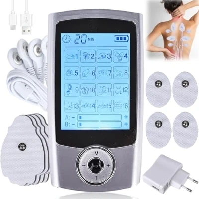 Imagen de GOMETY Tens Dispositivo de alimentación recargable contra el dolor con 16 programas entrenamiento, 20 niveles intensidad, 2 canales y 4 almohadillas electrodas premium para alivio del