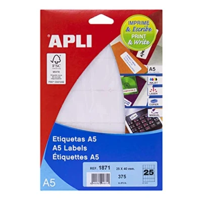 Imagen de APLI 1871 Etiquetas A5 blancas 25,0 x 40,0 mm 15 hojas