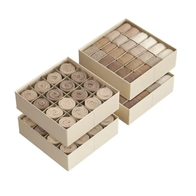 Imagen de SONGMICS Juego de 4 Organizadores Cajones, 80 Compartimentos (2x16+2x24), Cajas Plegables para Armario, 30 x 10 cm, Calcetines, Ropa Interior, Corbatas, Beige Arena RUS011K01