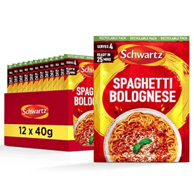 Imagen de Schwartz Mezcla de recetas espaguetis boloñesos, 40 g, 4 porciones, paquete 12, delicioso sabor, comida deliciosa, con tomate, ajo, albahaca y orégano, sin colorantes ni sabores artificiales