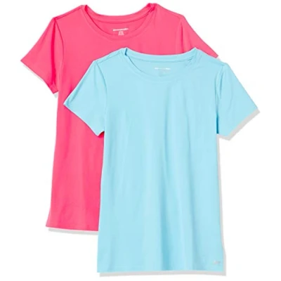Imagen de Amazon Essentials Camiseta técnica elástica de Manga Corta y Cuello Redondo (Disponible en Tallas Grandes) Mujer, Pack 2, Azul/Rosa Fluorescente, S