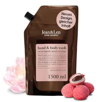 Imagen de Jean &amp; Len Hand Body Wash Peony Lychee, limpia y cuida la piel, fragancia floral delicada, jabón líquido en envase de recambio, sin parabenos, siliconas ni microplásticos, vegano, 1,5L