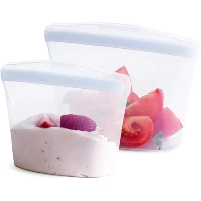 Imagen de Stasher bolsa de almacenamiento silicona reutilizable, paquete 2 cuencos (transparentes), recipientes preparación alimentos, almuerzo, viajes, maquillaje, gimnasio, congelador,