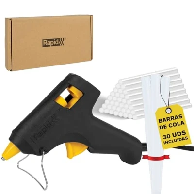 Imagen de Pistola de cola Rapid Hobby, incluye 30 barras transparente; 7 mm para manualidades, reparaciones y bricolaje; 100 g/h salida, 10 min calentamiento, 2 años garantía