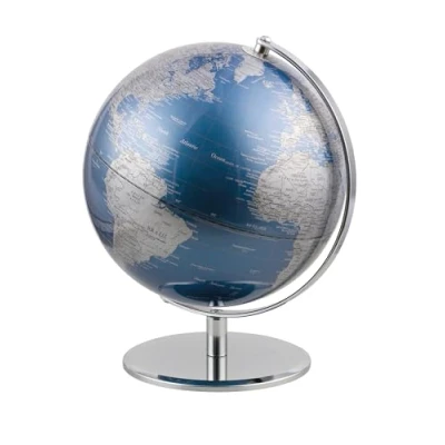 Imagen de Globo terráqueo de 25 cm diámetro Planet Base metal cromado Eje móvil Azul metálico plateado TROIKA Original