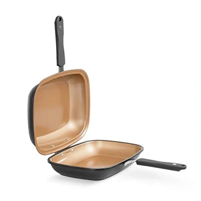 Imagen de LIVINGTON Black Doubletta Sartén reversible para cocinar, asar, hornear, mango ergonómico, adecuado todos los tipos de cocina, revestimiento antiadherente