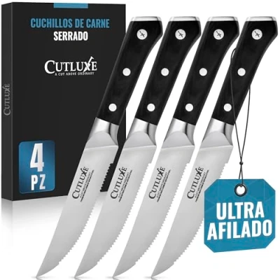 Imagen de Cutluxe Cuchillos para Carnes. Juego de Serrados Bistec. Acero Alemán Forjado con Alto Contenido Carbono. Diseño Mango Ergonómico y Espiga Completa. Serie Artesano