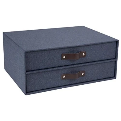 Imagen de Bigso Box of Sweden Caja con cajones para documentos y material de oficina Organizador escritorio 2 tablero fibras papel aspecto lino azul