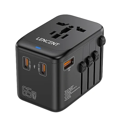 Imagen de LENCENT Adaptador de Viaje Internacional, GAN III 65W Universal con 1 USB A &amp; 3 C Carga Rápida, Enchufe para iPhone,Samsung, Portátiles, Tipo A/C/G/I (EE.UU./UK/EU/AUS)