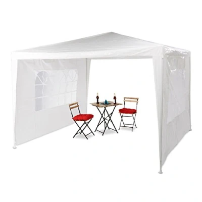 Imagen de relaxdays Carpa de jardín, 3x3 m, Dos Paredes Laterales, Marco Metal, con Ventanas, para Eventos, 1 Ud., Blanco