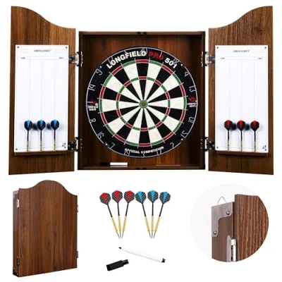Imagen de Engelhart Armario de Dardos Madera con Diana Oficial competición en sisal + 2 Juegos 18 g, tizas y Esponja (Brown)