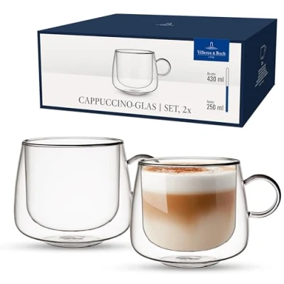 Imagen de Villeroy &amp; Boch Artesano Hot&amp;Cold Beverages vaso para cappuccino, set de 2 vasos doble pared bebidas frías y calientes, vidrio borosilicato, apto lavavajillas, microondas