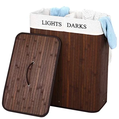 Imagen de bakaji Cesta Ropa Sucia de Doble Compartimento para la casa 2 Espacios Clara y Oscura Madera Bambú Tejido Recipiente Plegable Ahorrar Espacio con Tapa Asas Capacidad