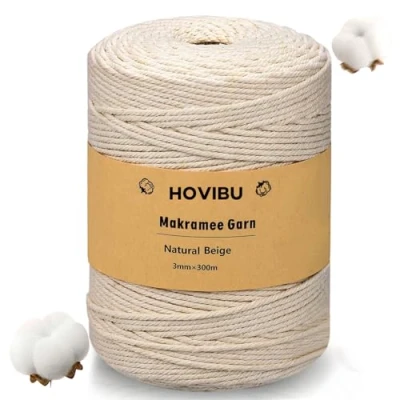 Imagen de HOVIBU Hilo Macrame 3mm x 300m, Cuerda Beige, Cordon Natural, Cordón de Algodón Macramé para Tapices, Colgadores Plantas, Manualidades Bricolaje, Hogar Decoracion Bohemia