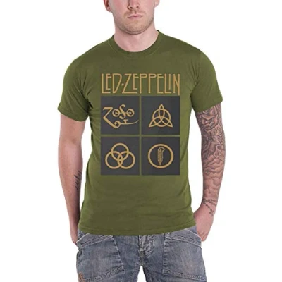 Imagen de Led Zeppelin Ledzeppelin_Gold Symbols In Square_Men_Green_TS: L Camiseta, Negro (Black Black), Large para Hombre
