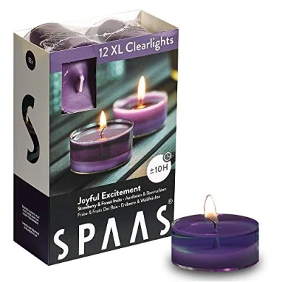 Imagen de Spaas 12 Velas aromáticas en Taza Transparente, ± 10 Horas, Cera de parafina, Vaso plástico, Berenjena, Joyful Excitement