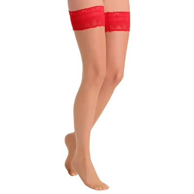 Imagen de Falke Lunelle 8 Denier STAY UPS Ultratransparent Shiny Calcetines por encima de la rodilla, Mujer, Talla: Large, Pow/red