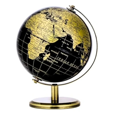 Imagen de Exerz Globo Terráqueo Negro y Dorado 14cm, Mapa en Inglés Mini Educativo Geográfico con Arco Base de Bronce, Elegante Decoración Herramienta Didáctica
