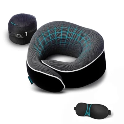 Imagen de Proglobe Almohada para Cuello Cervical Avión Coche Tren, 100% Espuma Memoria, Cojin de Viaje Cuello, con Máscara Ojos 3D, Tapones y Bolsa Malla, Negro (Negro)