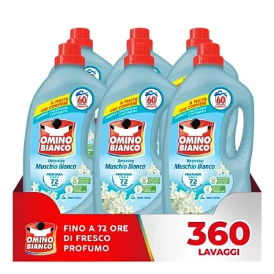 Imagen de Omino Bianco Detergente líquido para lavadora, 360 lavados, respeta colores y tejidos, perfume fresco con esencia de almizcle blanco, 2400 ml x 6 paquetes