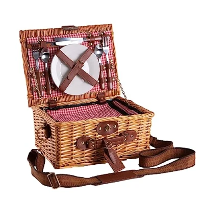 Imagen de eGenuss Cesta de Mimbre para Picnic 2 Personas con Correa Hombro Desmontable, Cubiertos Acero Inoxidable, refrigerador, Copas Vino y Platos en Porcelana Rojo