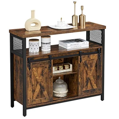 Imagen de VASAGLE Aparador, Armario de Cocina, Almacenamiento, con 2 Puertas Correderas, 33 x 100 80 cm, Estantes Ajustables, para Salón, Marrón Rústico y Negro Tinta LSC092B01