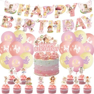 Imagen de Doyomtoy Decoración de Cumpleaños Hadas,Globos Fiesta Mariposa Set 32 Piezas Flores hadas Niñas