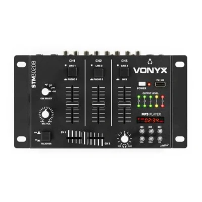 Imagen de Mezclador SkyTec STM 3020 de 3 canales con reproductor MP3 USB, salida auriculares control volumen, 2 entradas para micrófono, entrada line/phono, función talk over, negro