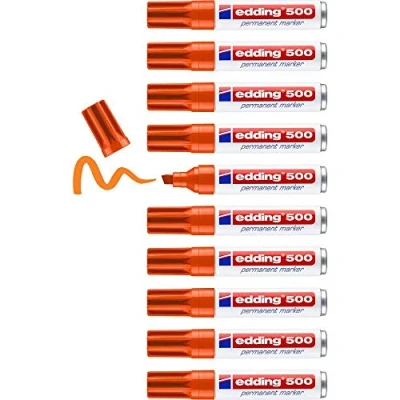 Imagen de edding 500 marcador permanente naranja 10 rotuladores punta biselada 2 7 mm resistente al agua, de secado rápido, indelebles para cartón, plástico, madera, metal, vidrio