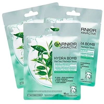 Imagen de Garnier SkinActive Hydra Bomb Mascarilla facial de tejido hidratante y matificante con te verde ácido hialurónico, 3 unidades