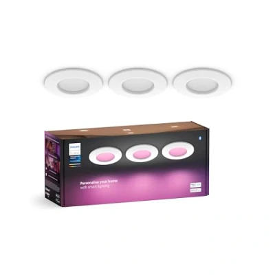 Imagen de Philips Hue Downlights Slim (Pack de 3un), Tira LED, 90 mm, luz blanca y color, compatible con Bluetooth, control por voz Alexa, Apple Home Google Assistant, en blanco