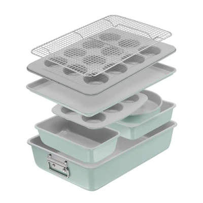 Imagen de Tefal Ceramik, Set de 8 piezas, Utensilios para Horno, Revestimiento Cerámico, Apilables, Duraderos, Verde Menta