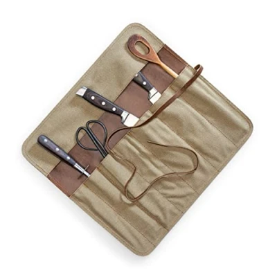 Imagen de Angus Stoke Estuche para cuchillos de cocina lona y piel, rollo grande chef, bolsa chefs, cocina, camping barbacoa Neil, beige,