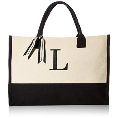 Imagen de Mud Pie Bolsos clásicos de Lona con Inicial en Blanco y Negro (L), 100% algodón, 17 x 19 2 Pulgadas