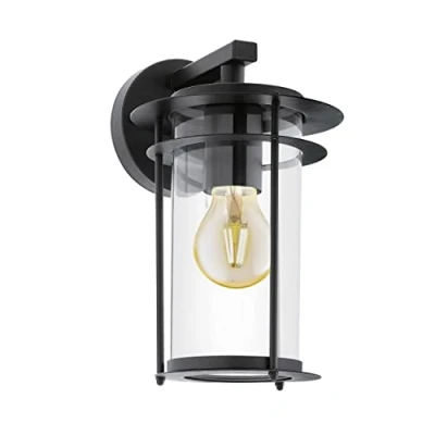 Imagen de Eglo Valdeo Lámpara de pared para exterior, luz exterior 1 foco, aplique acero galvanizado en negro, cristal transparente, casquillo E27, IP44