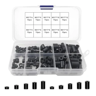 Imagen de Kit surtido de espaciadores redondos ABS 150 piezas, aislamiento blanco para tornillos M3, M4, espaciador soporte columna nailon con caja plástico (negro)