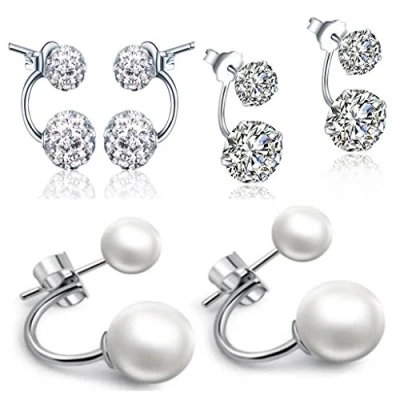 Imagen de Yumilok Juego de Pendientes Plata Ley 925 Doble Perla Cristal y Circonitas, Hipoalergénicos para Mujeres Chicas, Set 3 Pares