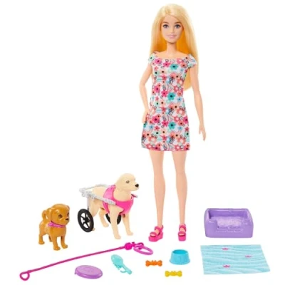 Imagen de Barbie Muñeca Rubia paseadora de Perro con Silla Ruedas extraíble, 2 Mascotas y Accesorios, Juguete +3 años (Mattel HTK37)