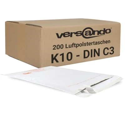 Imagen de versando 200 sobres acolchados K10, tamaño interior 350 x 470 mm, dimensiones exteriores 370 480 color blanco, para DIN C3
