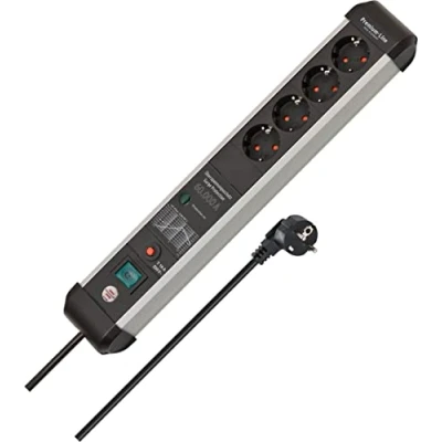 Imagen de Brennenstuhl Premium Protect Line regleta enchufes de 4 tomas con protección contra sobretensiones hasta 60.000 A (cable 3 m, interruptor, Fabricado en Alemania) plateado/negro