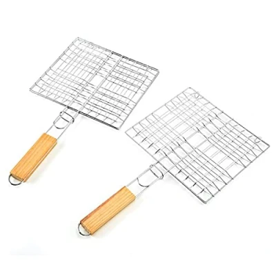 Imagen de 2 Piezas Abrazadera de Malla La Parrilla con Mango Madera Canasta para Asar Pescado Carpeta Asado Cesta Barbacoa Asado, Verduras, Carne, Camarones