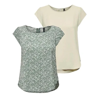 Imagen de ONLY Onlvic S/S Solid AOP Top Ptm Camiseta de manga corta para mujer, Pack 2 unidades (Pack D: Moonbeam/Lily Pad Flower Print), 42