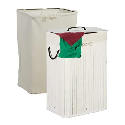 Imagen de Relaxdays Cesto Ropa Sucia Bambú, Canasto Prendas Plegable con Tapa, 80 L, 2 Sacos, Rectangular, 66 x 44 24 cm, Blanco