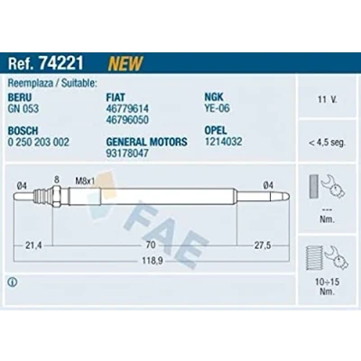 Imagen de FAE 74221 Bujía de precalentamiento 11V M8x1 OPEL: Corsa D Hatchback, Astra H C FIAT: Doblo I Cargo