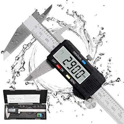 Imagen de Calibre Digital, Qfun Pie de Rey Profesional Acero Inoxidable 150 mm con Pantalla LCD Grande Calibrador Digital Precisión 0.01mm Impermeable Medir Diámetro Interior Exterior Profundidad