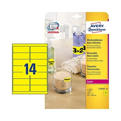 Imagen de Avery España L7263R 25 Etiquetas fluorescentes removibles rojas, 99,1x38,1mm, caja de hojas
