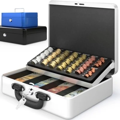 Imagen de Caja Fuerte Portátil Premium, Grande, con portamonedas, Contador de monedas metálica llave, caudales, dinero, caudales Blanco ACROPAQ